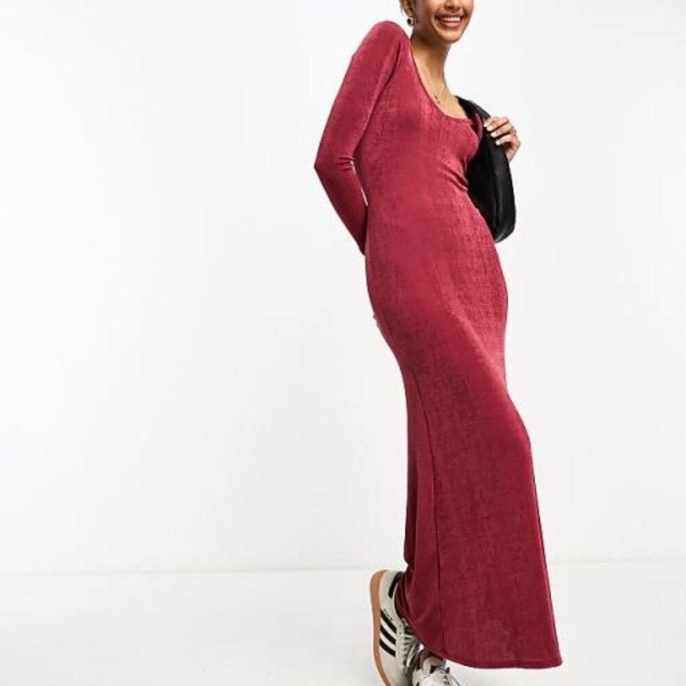 ASOS DESIGN v neck long sleeve maxi dress in burgundy US 14